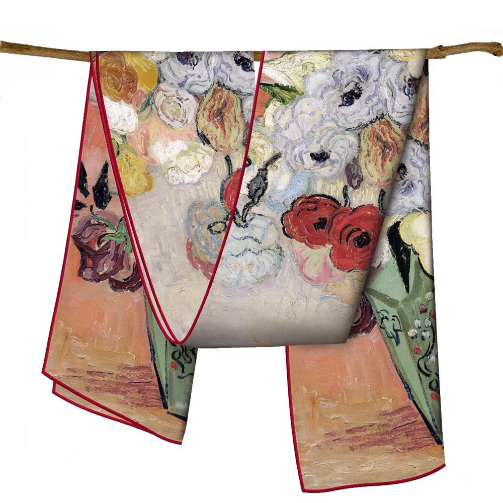 POBING Twill Silk Scarf Women Poncho Hand Rolled Luxury Oil Painting Long Scarves Wraps Bandana Big Shawl Hijabs Female Foulard