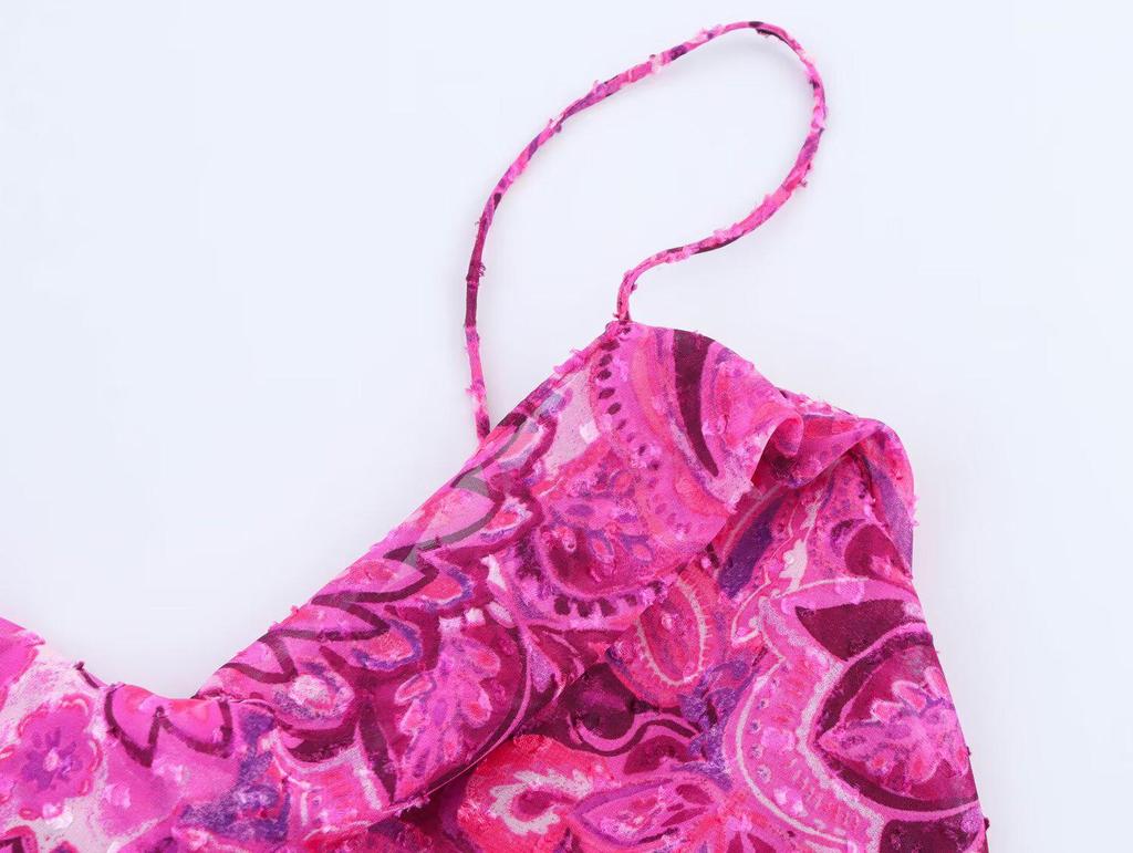 European & American Women's Summer 2025 Backless Patchwork Ruffle Hem Midi Dress with Spaghetti Straps