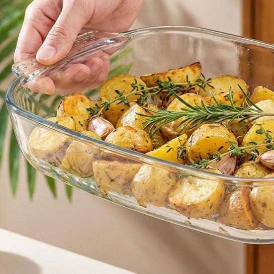 Žáruvzdorná skleněná zapékací mísa s uchy Průhledná obdélníková forma na dort do trouby, mikrovlnky, lednice Víceúčelová zapékací mísa na lasagne, ryby