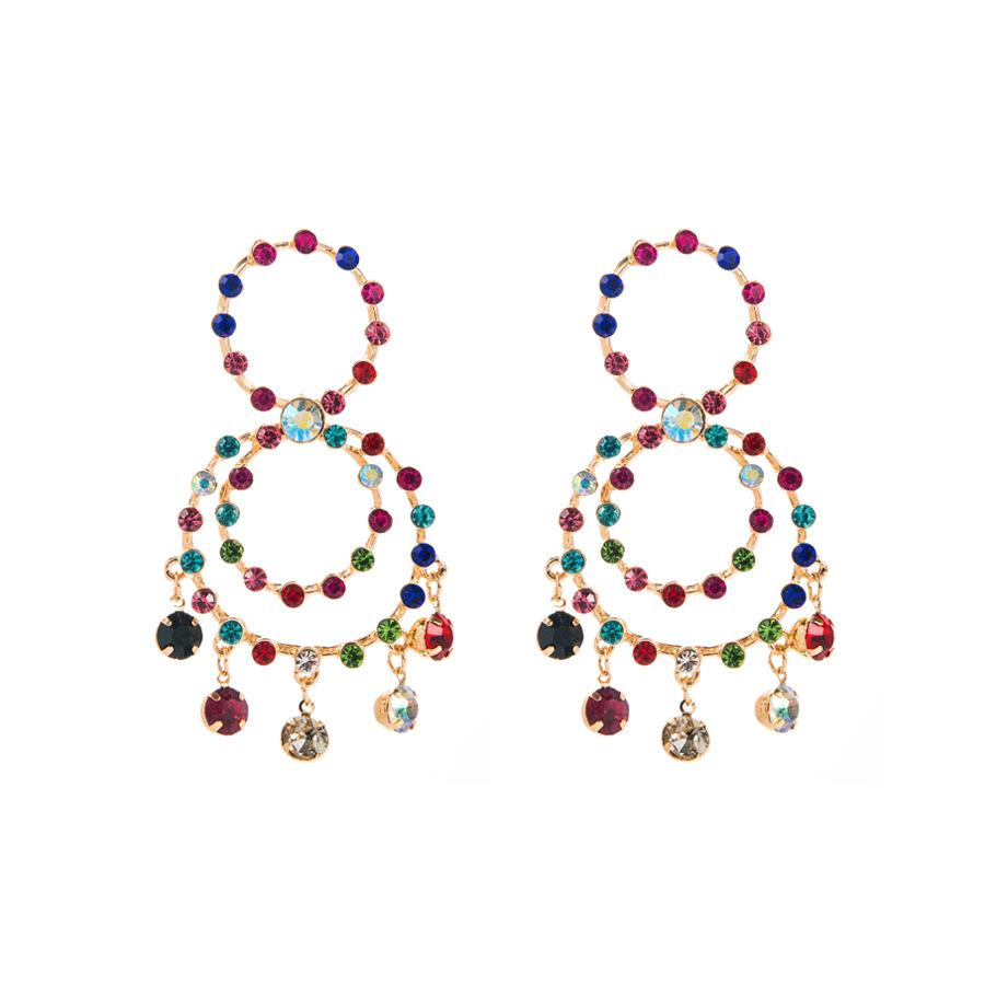 Women Exaggerated Personality Earrings Alloy Multilayer Round Crystal Hoop Earrings