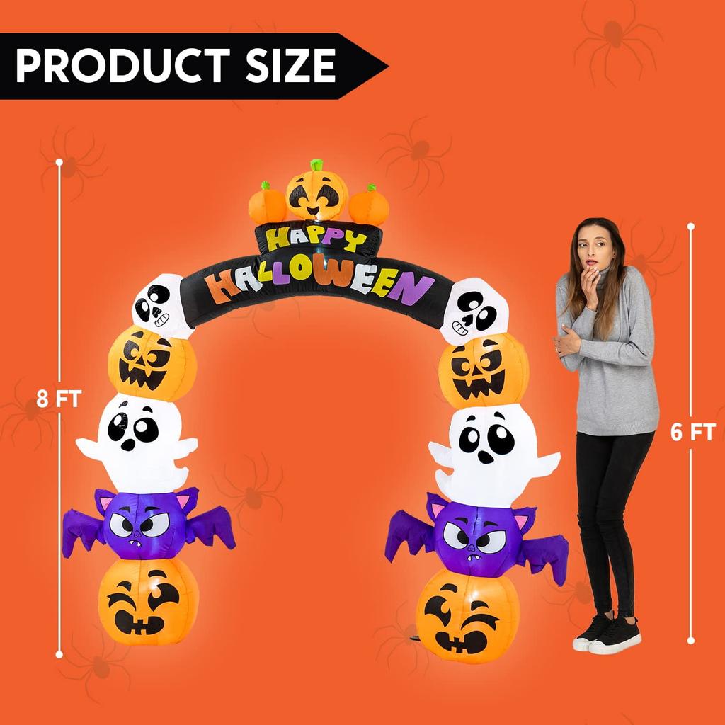 Joyfy 8 Ft Halloween Inflatable Archway Stacked Pumpkins Archway Bat Inflatable with Build-in LED for Halloween Decorations