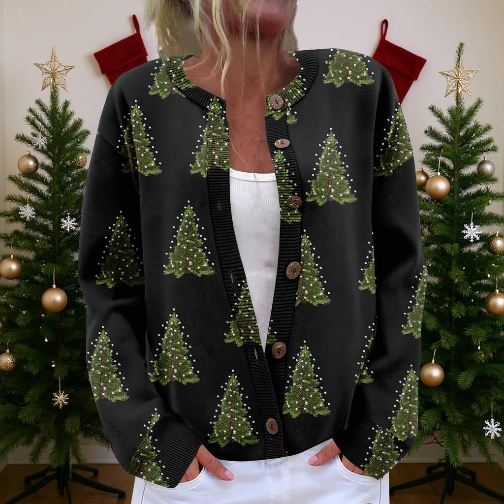 Damen Strickjacke Langarm Leichtgewichtige Jacke mit lustigem Weihnachtsdruck