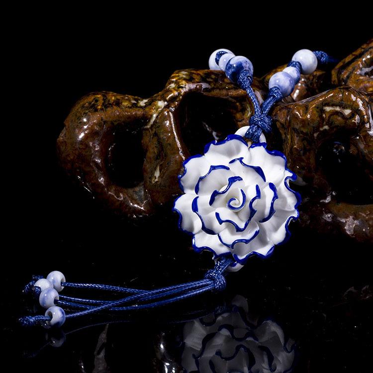 Classical Ceramic Blue and White Porcelain Peony Flower Necklace Women's Literary Retro Versatile Long Sweater Chain Accessories