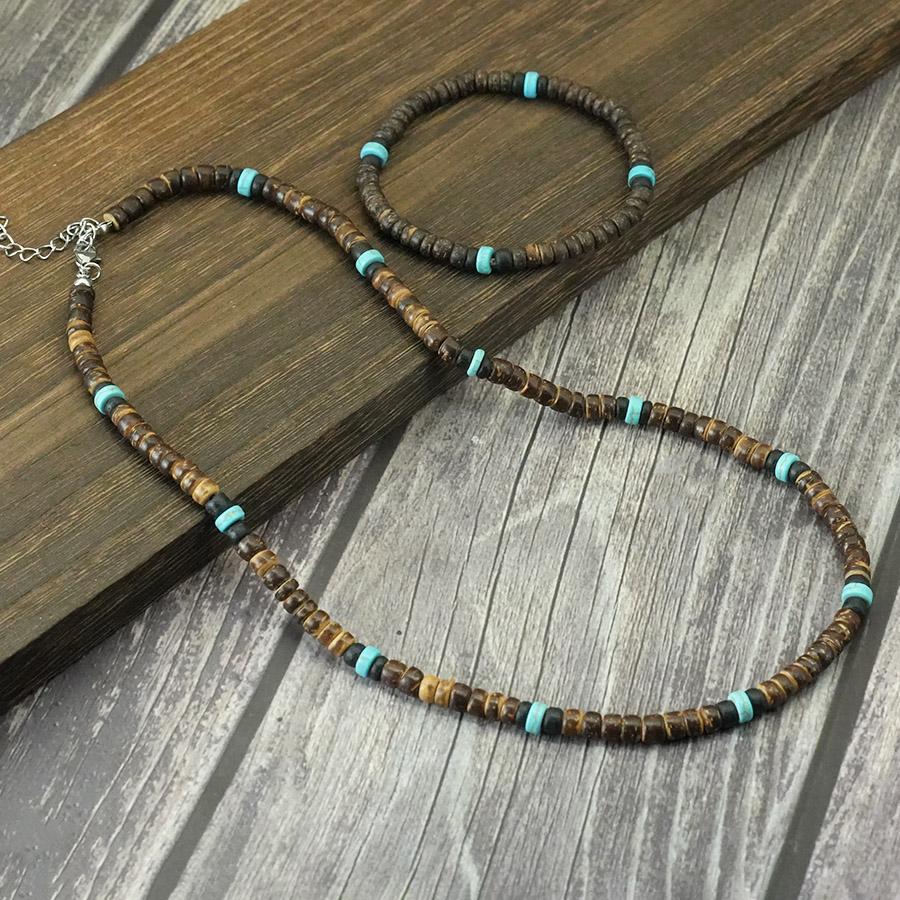 

New 2Pcs Bohemian Natural Coconut Husk Wood Necklace Bracelet Yoga Meditation Healing Jewelry Set Handmade Strand Braclet Joias