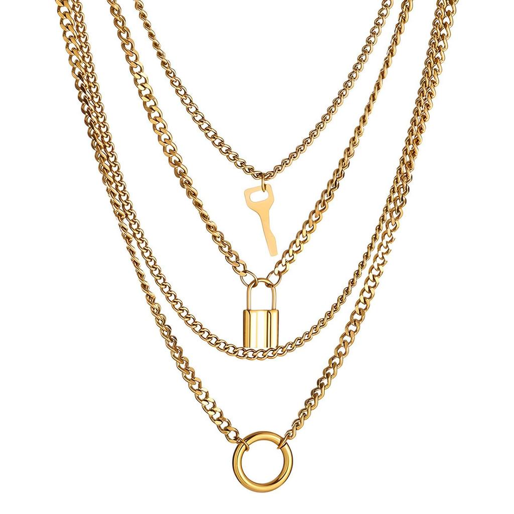 Women's Retro Multi-layer Necklace with Round Ring & Heart Lock Charm - Thick Clavicle Chain Accessory