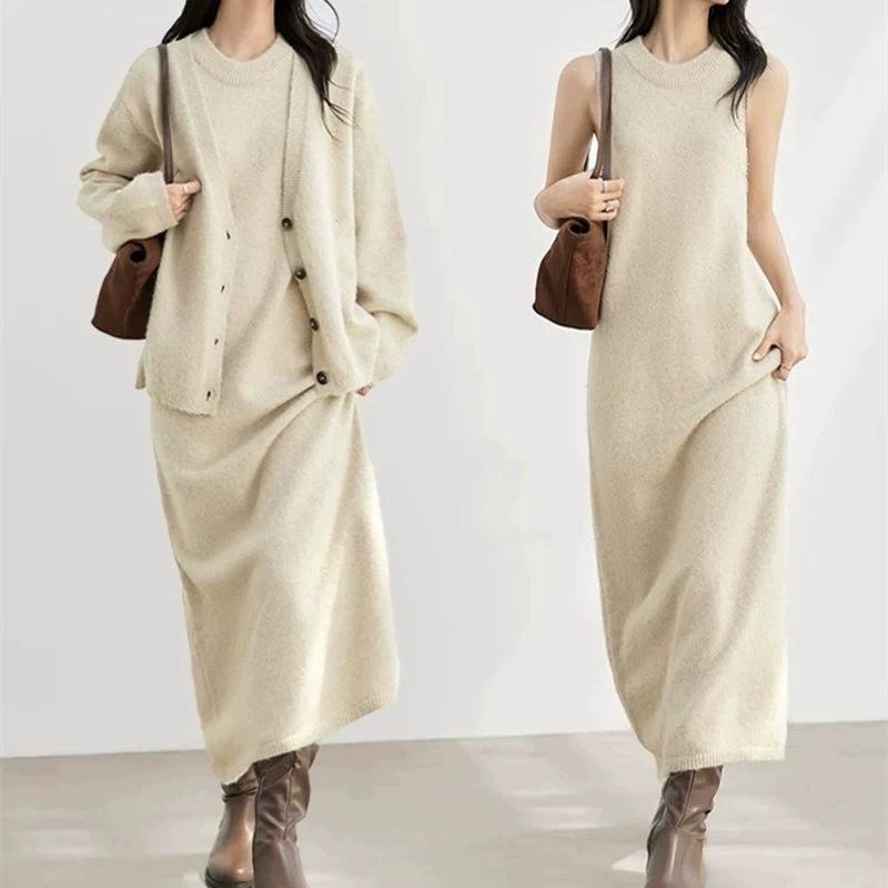 Women's Round Neck Temperament Sweater Jacket Mid-length Dress Long Sleeve Suit