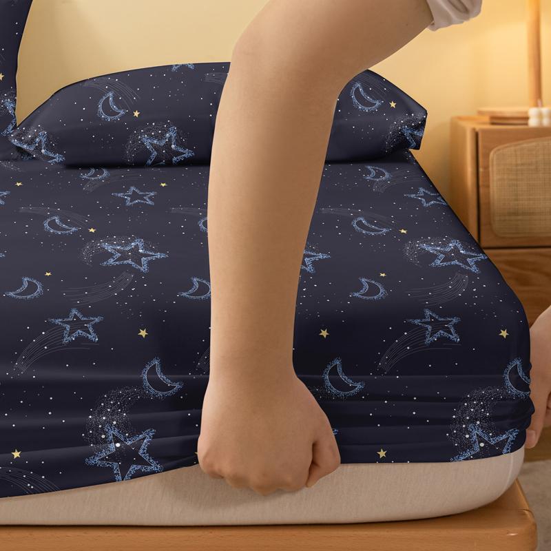 1 Simple Modern Stars Moon Printed Matte Fitted Sheet, Bedroom Printed Bed Cover, Bedding (Excluding Pillowcases)