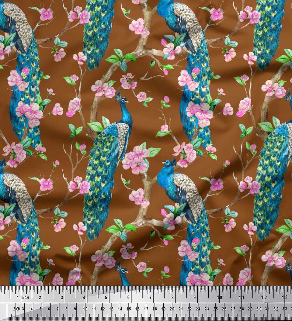 

Японська креп-атласна тканина Soimoi з принтом «Рожева квітка, гілка та птах» на метрі 42 дюйма 42 Inch Wide - Poly Crepe коричневий