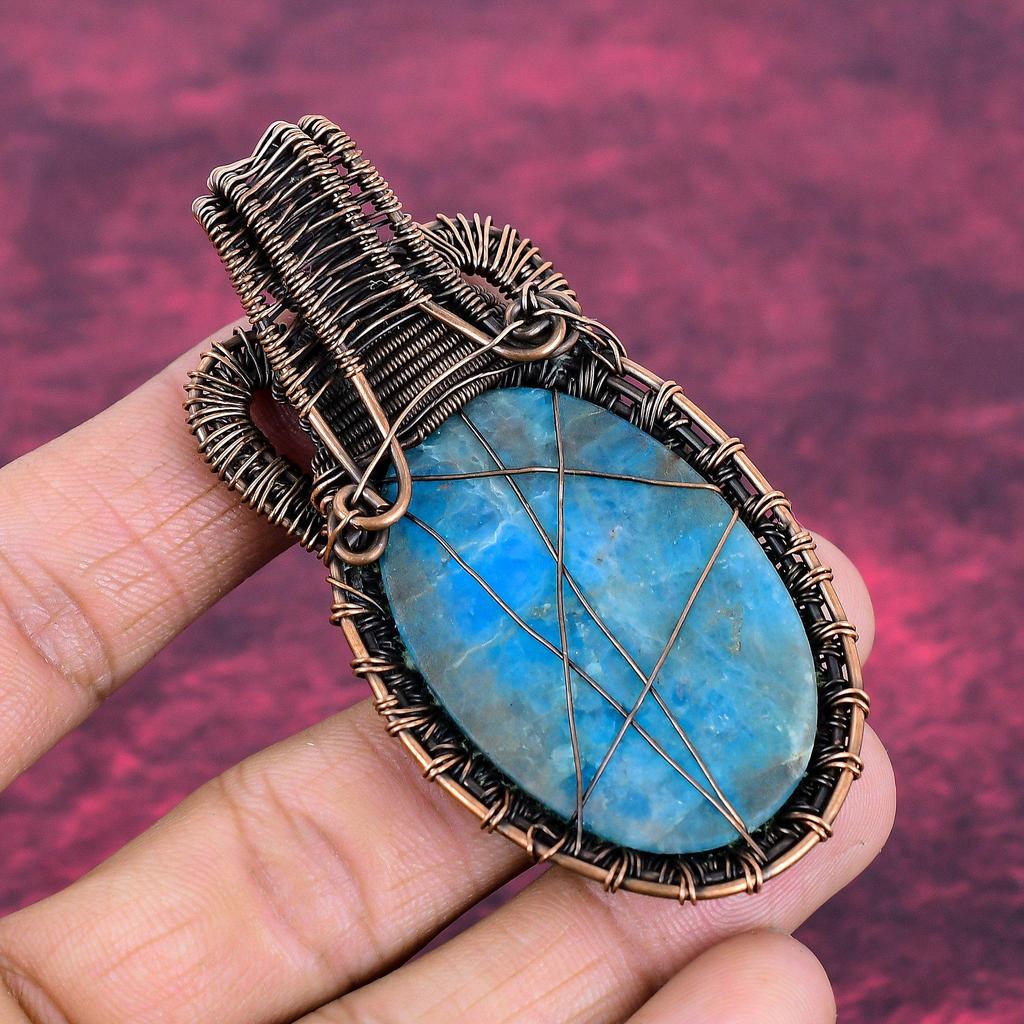 Neon Apatite Pendant Handmade Real Gemstone Pendant Copper Wire Wrapped Jewelry