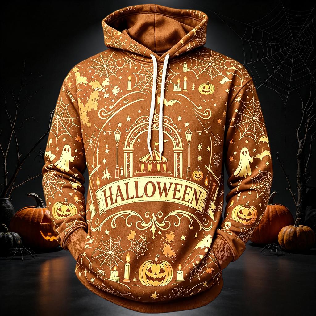 Men's Casual Long Sleeve Hoodie with Halloween Print for Everyday Wear