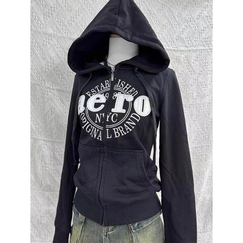 TrendHub American Streetwear Hoodies Pockets Letter Embroidery Harajuku Vintage Sweatshirts Coat Y2k Punk Gothic Tops Slim Women Clothing