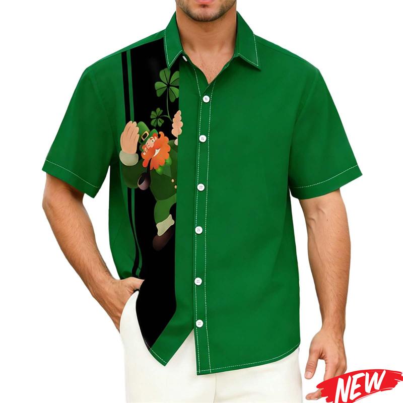 2026 St. St. Patrick's Day Hemd Für Männer Frauen 3D Gedrucktes Irisches Kleeblatt Hawaiianisches Hemd Street Kurzarm Oberteile Lässige Hemden mit Knöpfen