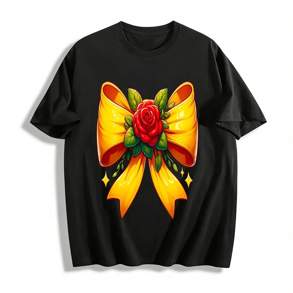 

Vintage Red Rose Yellow Bow Print Casual Top Pure cotton T-shirt XXS