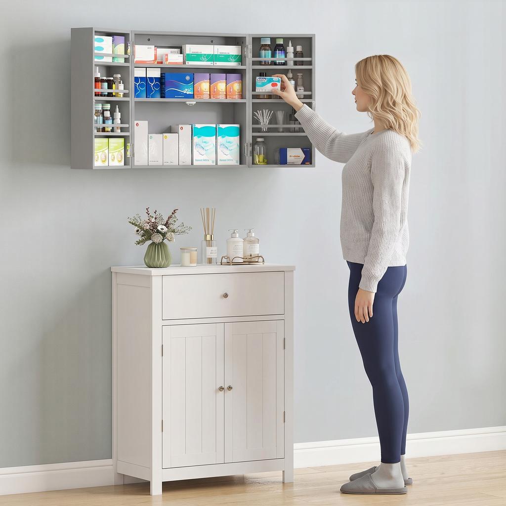 Wall-Mounted Medicine Cabinet, Double Lockable Doors, 2 Keys, 53 x 20 x 53 cm, Grey
