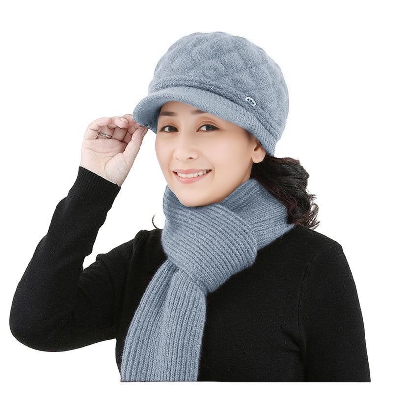 Women's Winter Warm Knitted Beret & Scarf Set - Velvet-Lined for Middle-Aged & Elderly