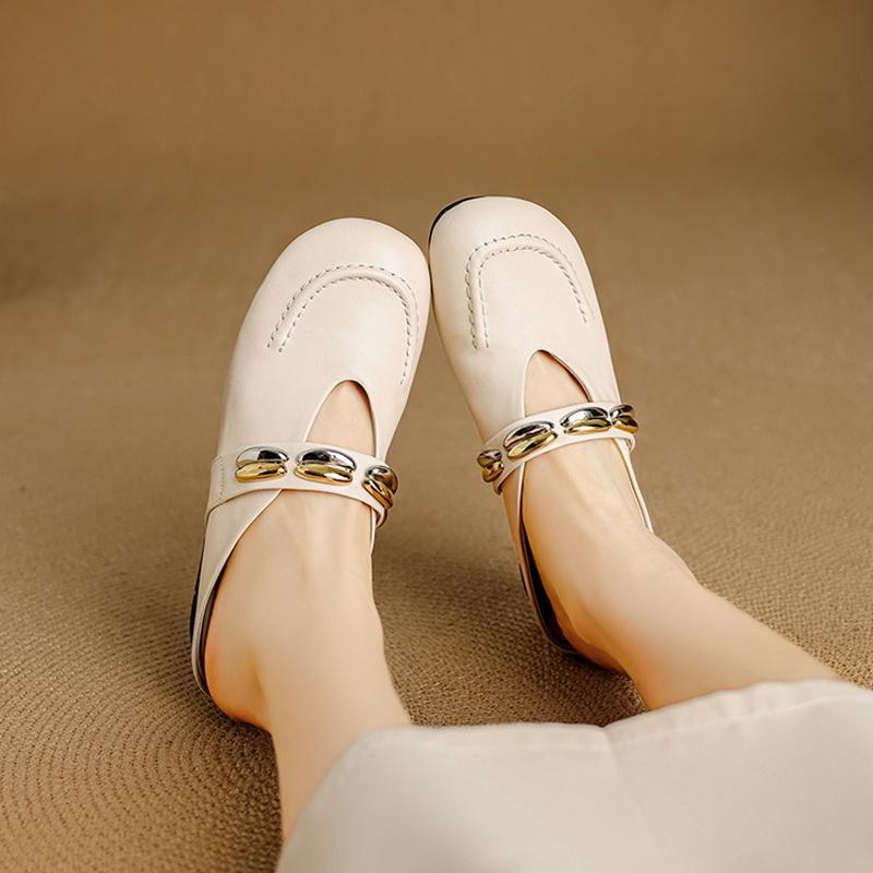 Fashion Women's New Summer Leather with Increased Height Metal Belt Buckle, Middle Heel and Toe Cover, M Ü Ller Slippers