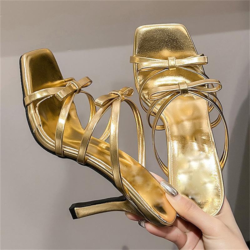 Eilyken High Quality Butterfly-kont Narrow Band Square Toe Woman Slippers Summer Elegant Thin Heels Party Slide Shoes