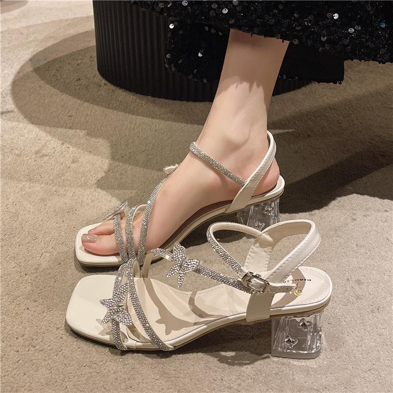 Rhinestone butterfly temperament sexy high heels 2025 women's new summer fashion one-word buckle stiletto sandals