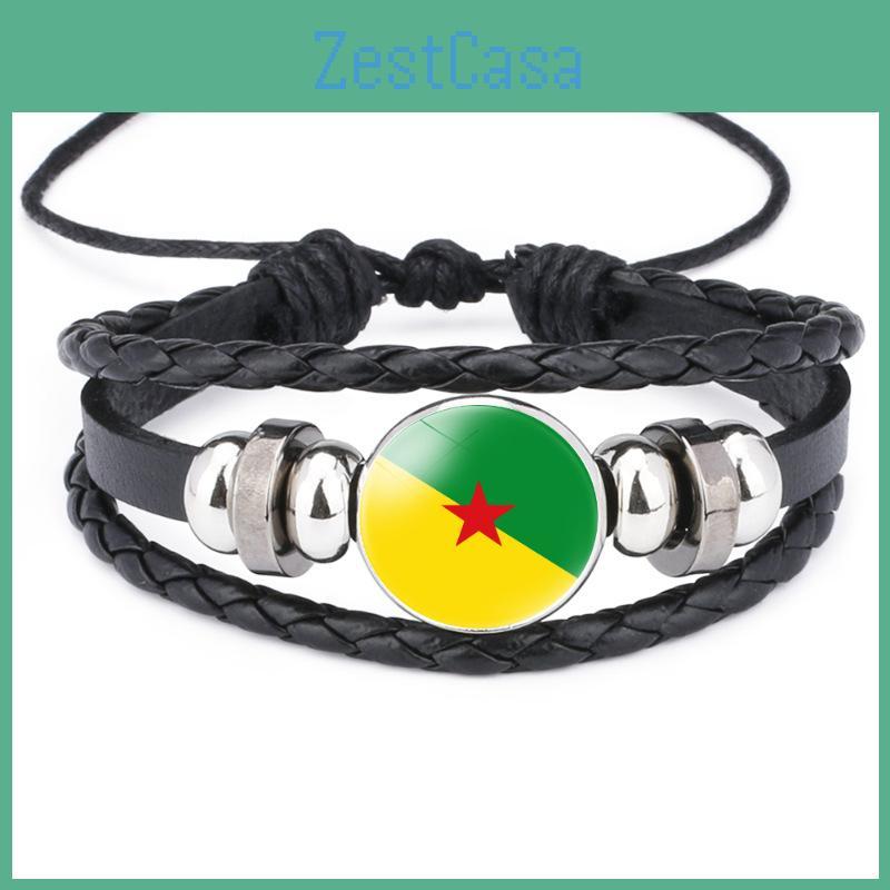 Unique South American Flag Time Gem Black Leather Multilayer Braided Bracelet