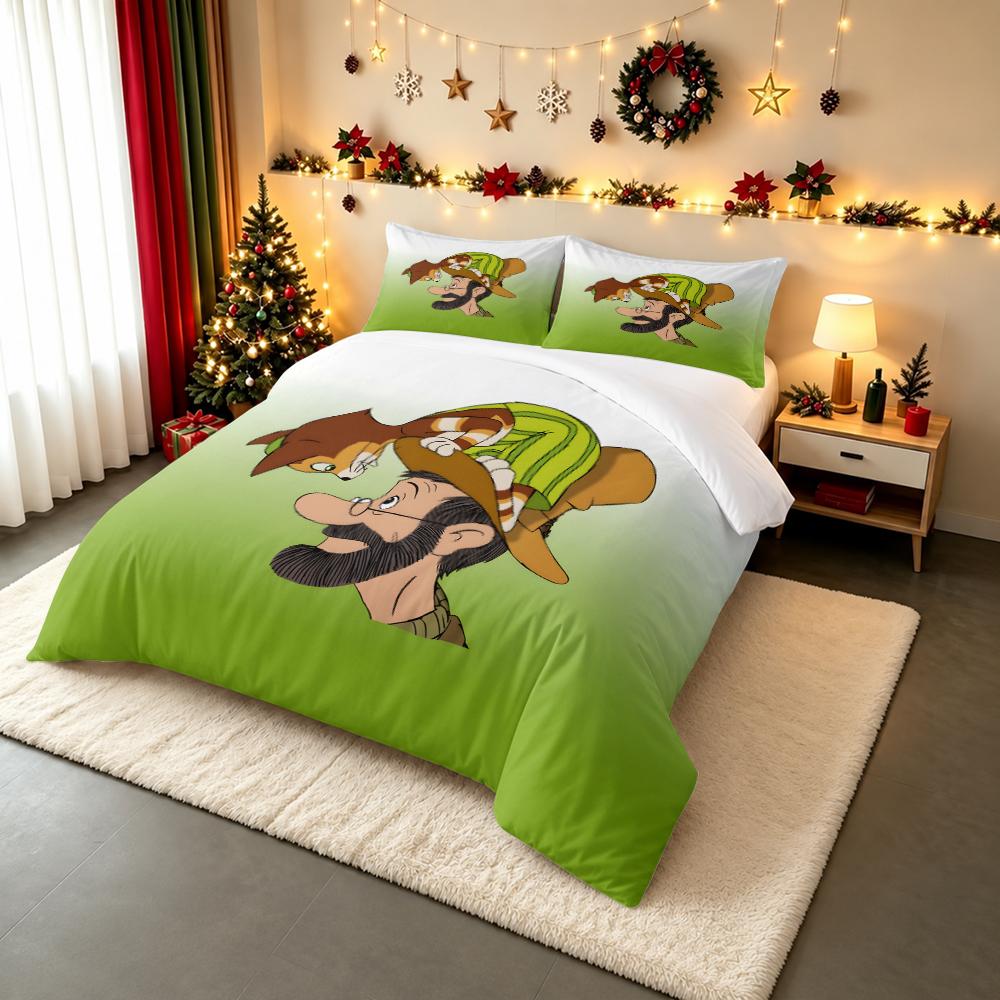 3 Piece Bedding Set Pettson Findus Old Man Beard Hat Cat In Hat Green Striped Sweater Swedish Comic Illustration Print for Adult Room Decor