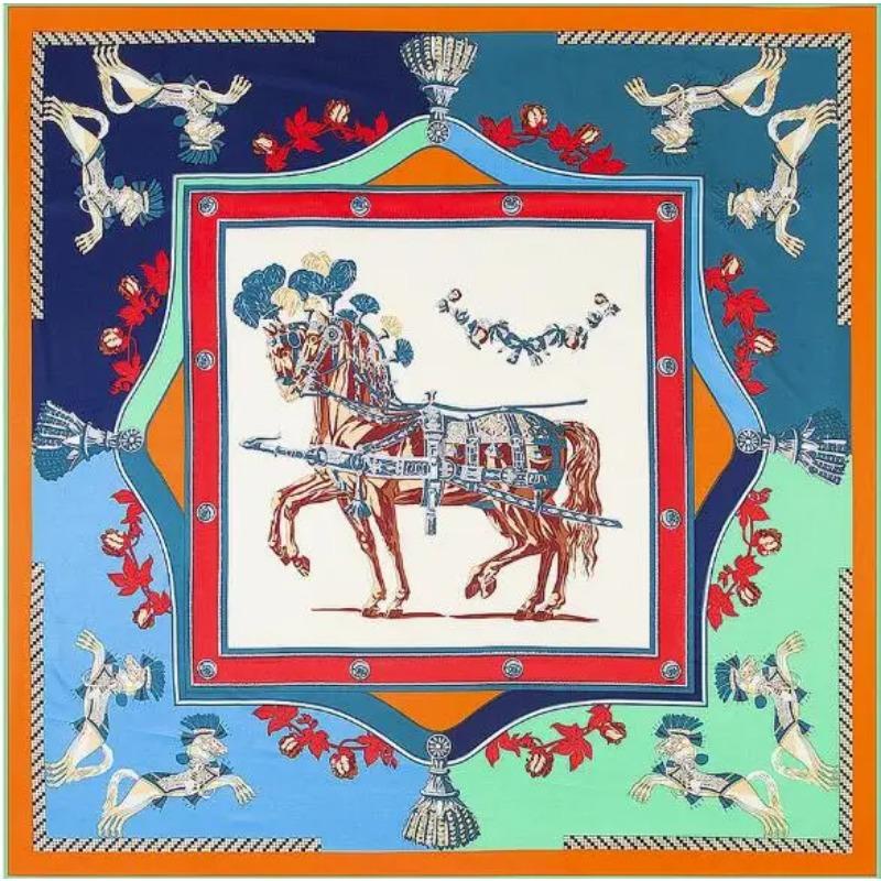130*130 cm Twill Silk Women Scarf Euro Design Fashion War Horse Print Square Scarves Luxury Brand Gift Large Shawls