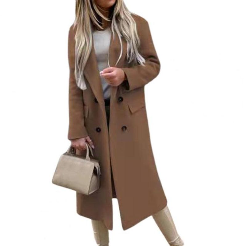 

Winter Warm Suit Collar Long Sleeve Long Coat Double Breasted Coat Overcoat Khaki S