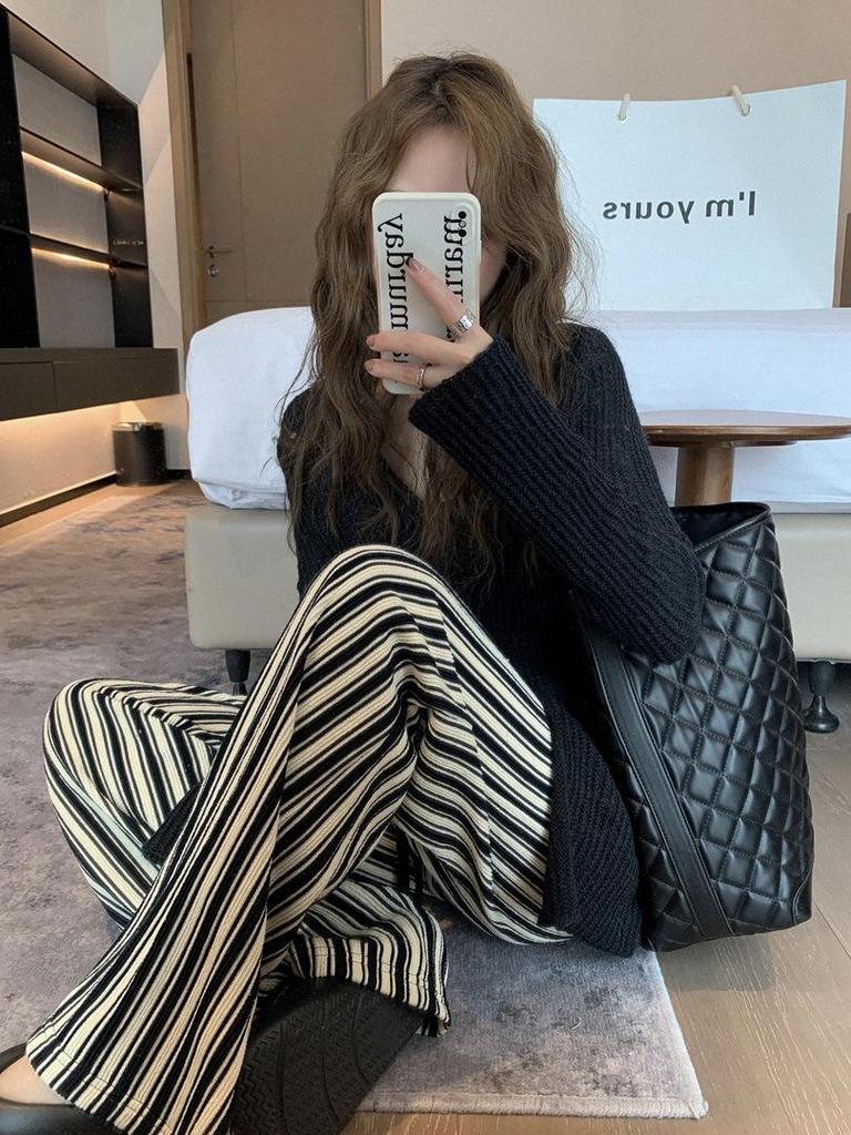 Plus Size Women's Vertical Stripe High Waist Slimming Casual Floor-Length Summer Pants