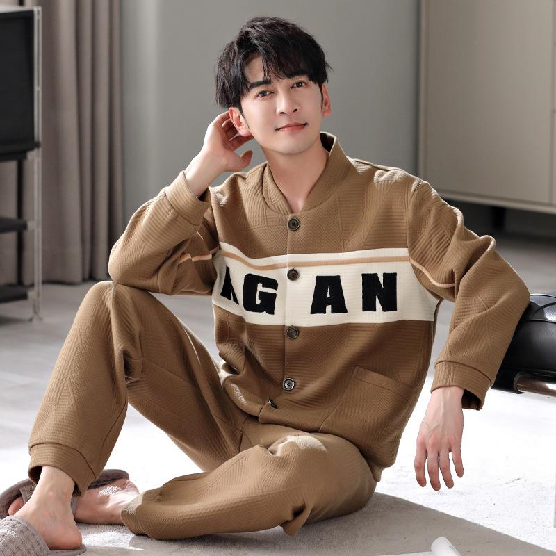 Air Cotton Pajamas Men'S Autumn And Winter Thickened Cotton Long-Sleeved Interlayer Men'S Winter Thin Padded Loungewear Set