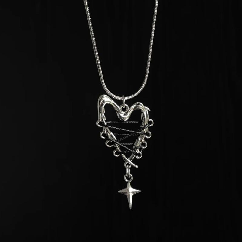 Edgy Necklace Black Rope Chain Gothic Heart Charm Pendant Neckwear Punk Jewelry Gift for Her