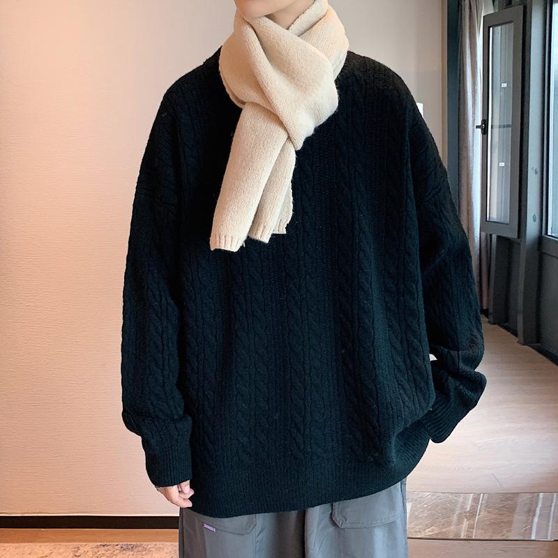Men's Cable Knit Crew Neck Sweater, Loose Fit, Retro Hong Kong Style, Trendy Casual Knitwear for Autumn and Winter.