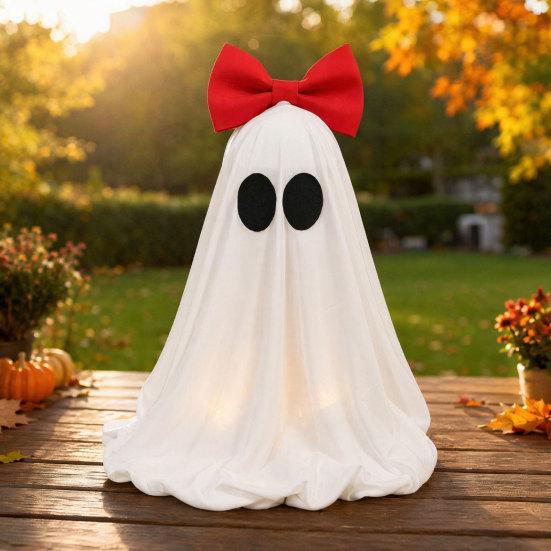 yangyizhi LED Ghost Decoration, Halloween Pink Bow Tabletop Ornament, Soft Fabric Haunted House Decor with Warm Glow for Home