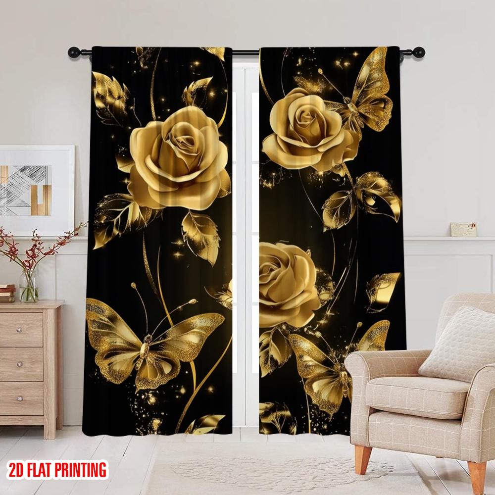 2pcs,2D plane printing Contemporary Curtains Golden Elegance 100% Polyester (without rod) Holiday Use for Room, Kitchen, Study,