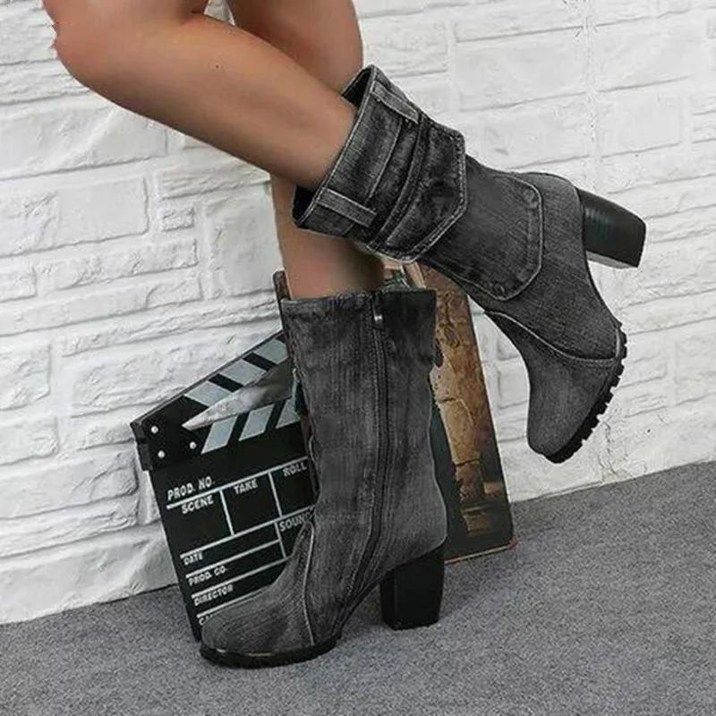 Fashion Cowboy Women's Boots 2024 Autumn and Winter New Pointed Denim Style Casual Temperament High Heels Single Shoes Zapatos De Mujer