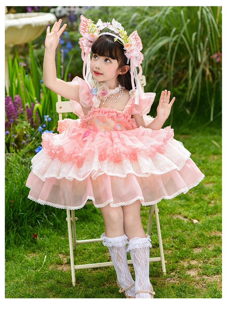 Girl Lolita Princess Dress Summer Lace Children's Super Fairy Flower Fairy Pink Dress Puff Skirt Dress