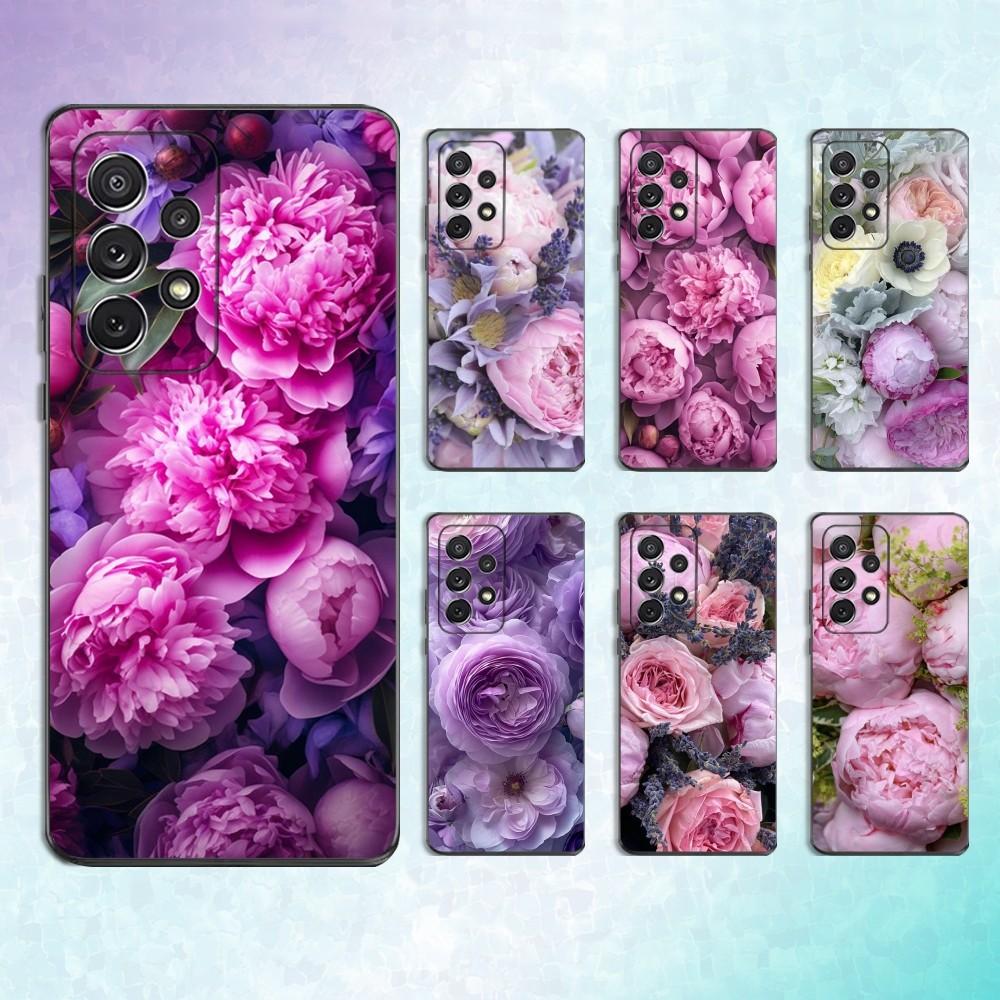 Pink Purple Peony Elegant Phone Case For Samsung S25,S24,S23,S22,S21,S20,S10,Ultra,Plus,Lite,FE,Soft Silicone Black Cover