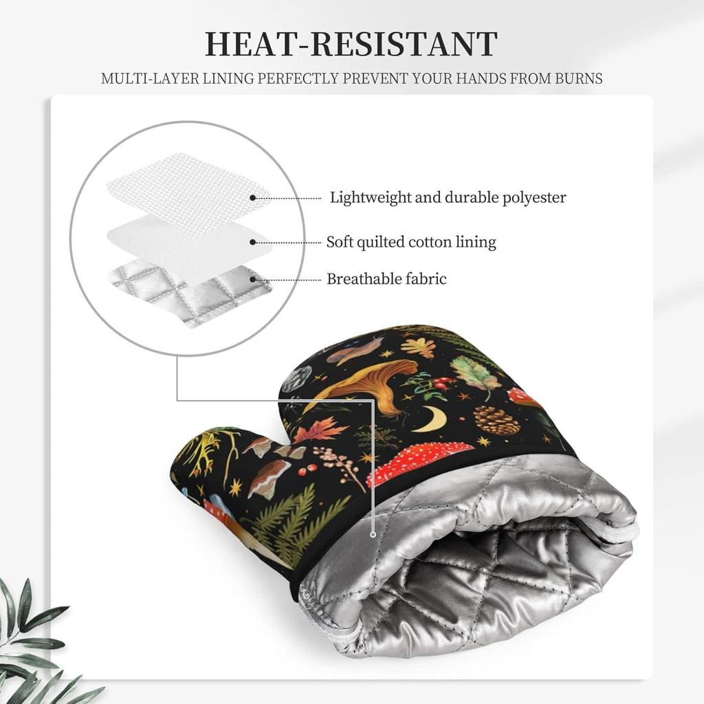 Mushroom Oven Mitts and Pot Holders 2pcs Set, Kitchen Oven Glove Heat Resistant Oven Mitts and Potholder with Non-Slip Silicone Surface for Cooking(1