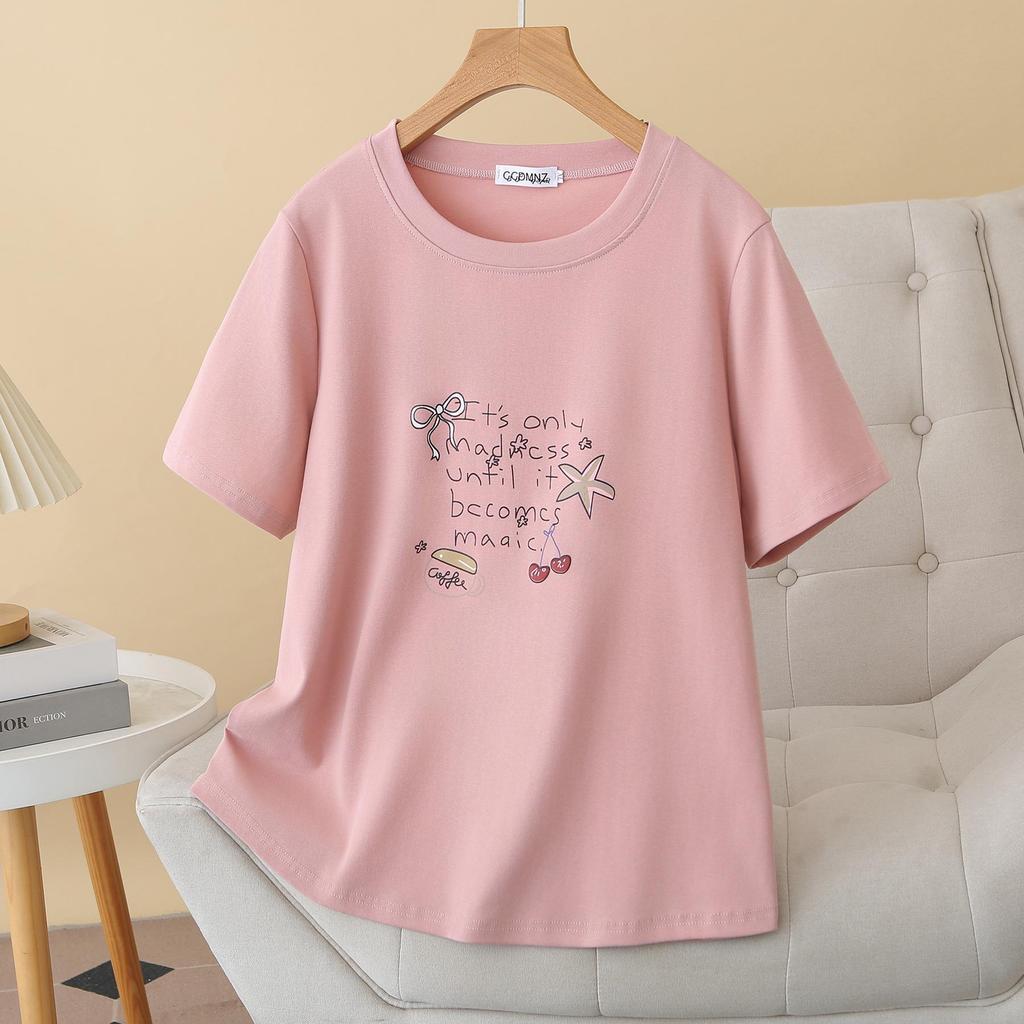 2026 Summer Plus Size Slimming Cotton Printed T-Shirt - Short Sleeve Round Neck Casual Top for Women