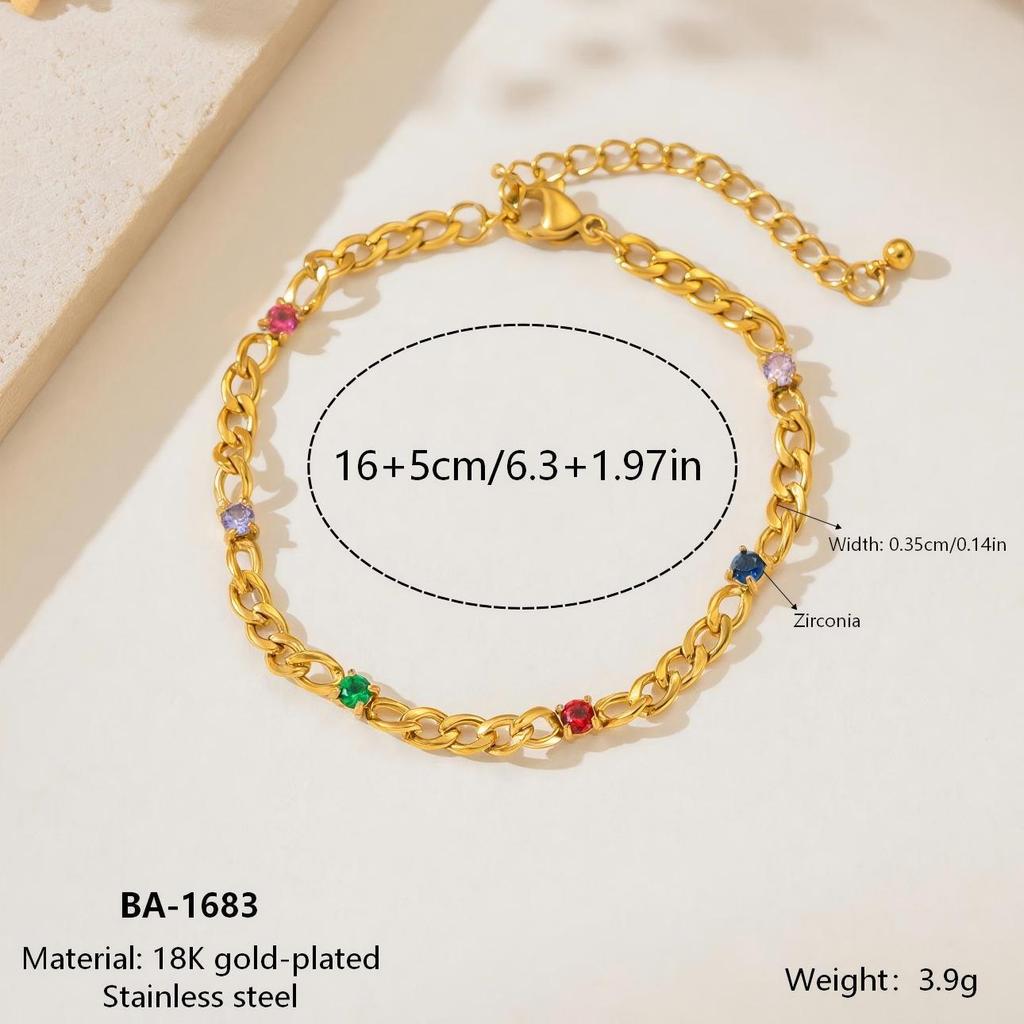 18K Gold Plated Stainless Steel Bracelet with Colored Zircon - Fashionable, Versatile, and Non-Fading
