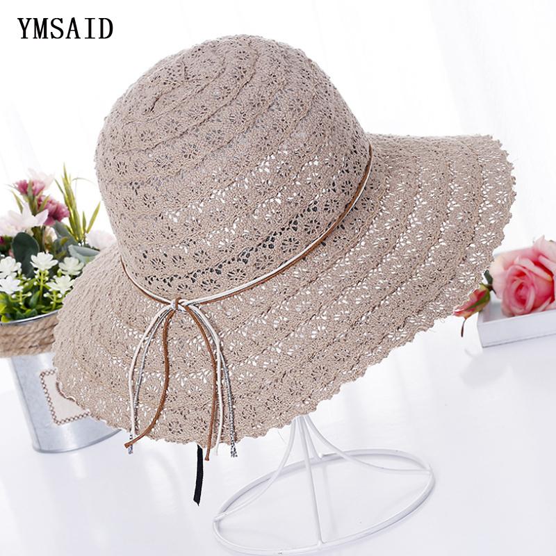 Summer Foldable Cotton Beach Bow Sun Hats For Women Fashion Floppy Elegant Beach Visor Hat Ladies Lace Hollow Straw Hat