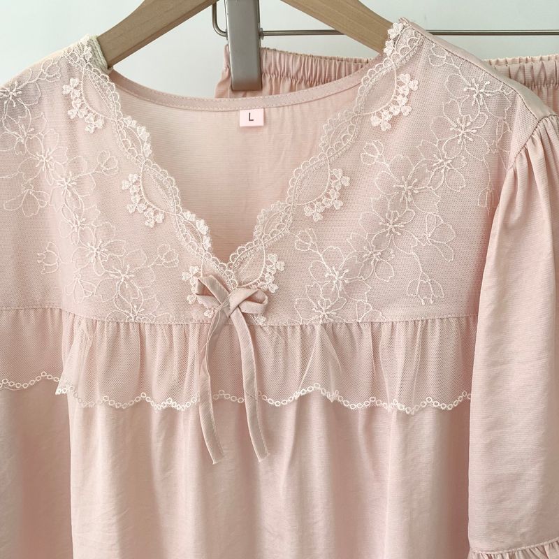 Spring and Summer New Arrival Silk Floss Pajamas V Neck Ruffled Short Sleeves Pants Two-piece Set Tencel Cotton Home Wear Palace Style K-style