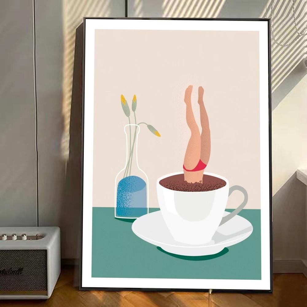 Coffee Cups funny Art Anime Posters Sticky HD Quality Wall Art Retro Posters for Home Kawaii Room Decor