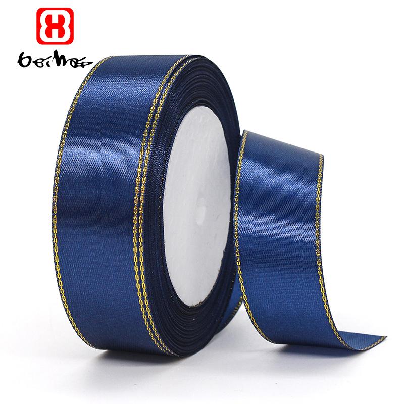 Gift Satin Ribbons Wholesaler 1inch 100% Polyester Christmas Ribbon Gold Wired Edged Satin Ribbon Roll Accept Print Logo