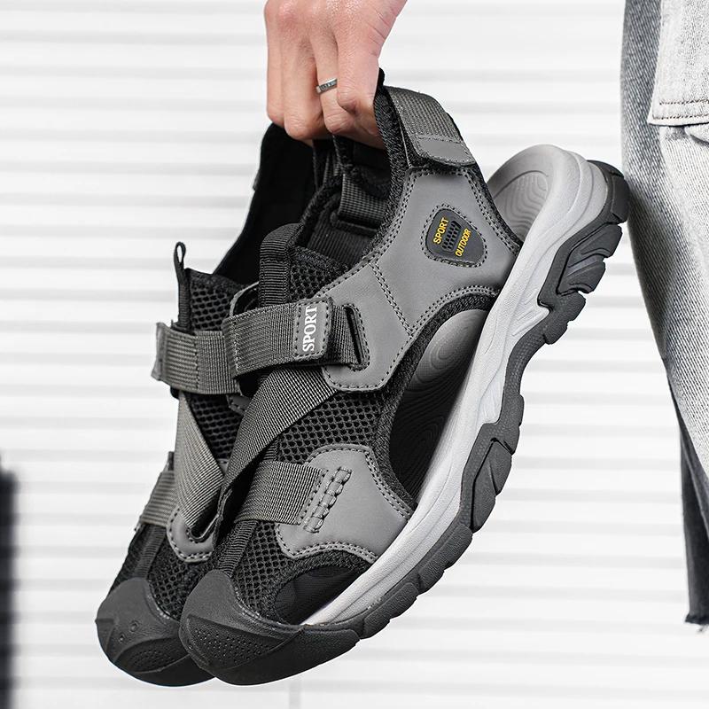 New Arrival Leather Summer Flats Lightweight Breathable Beach Shoes Comfortable Sandals Handmade Anti-collision Toe Men Sandals