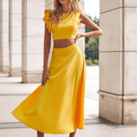 2Pcs/Set Lady Suit Solid Color Backless Quick Drying Cropped Top Midi Skirt for Daily Life