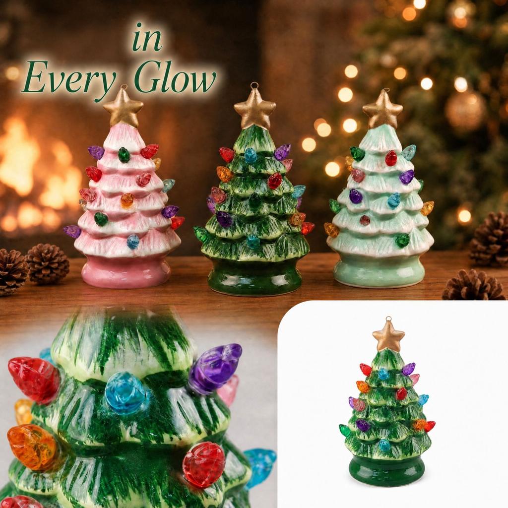 Ceramic Christmas Tree Figurine, Holiday Tabletop Decoration for Home Mantel Shelf