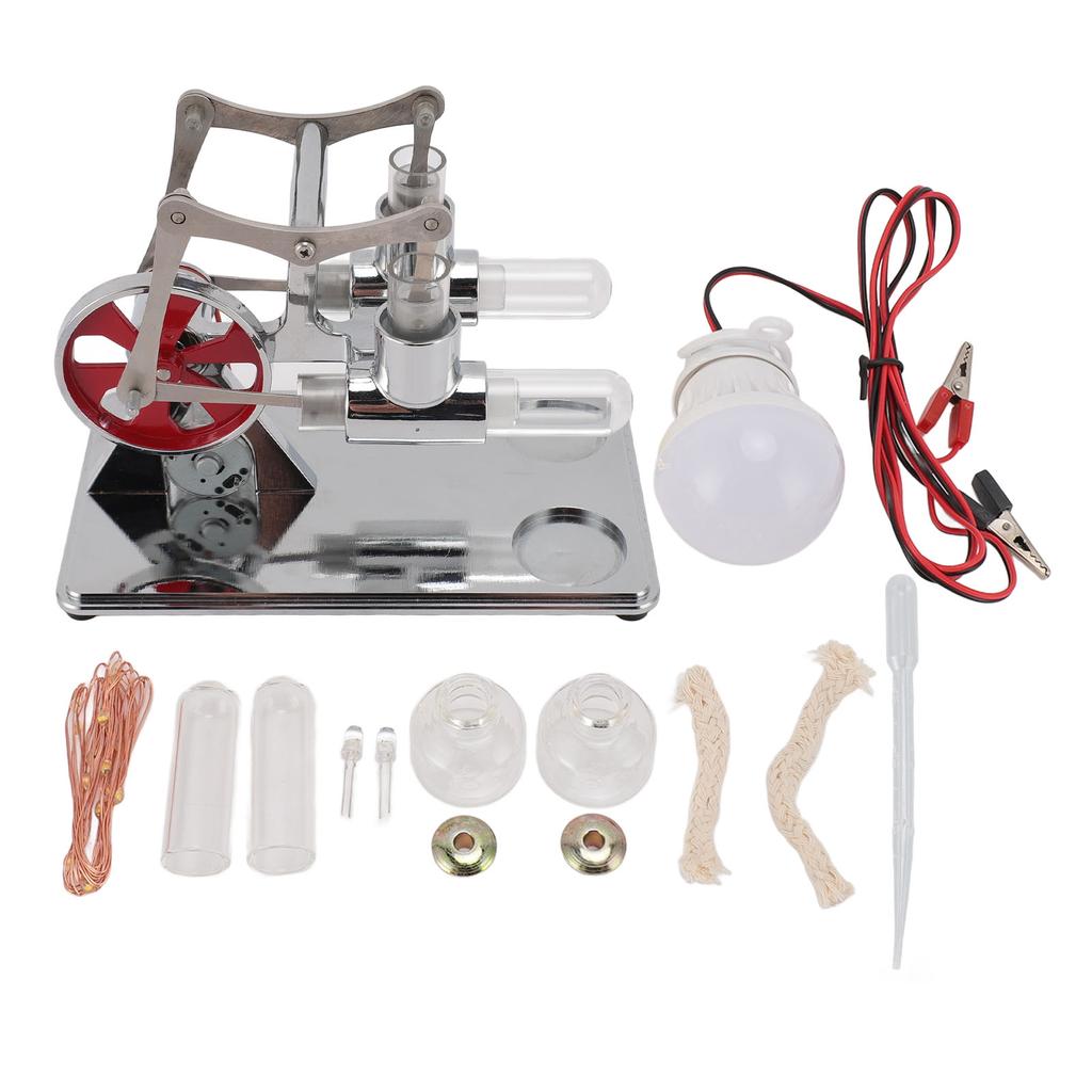 Stirling Engine Model Kit Early Educational Double Cylinder All Metal Wooden Base Stirling Engine Mo