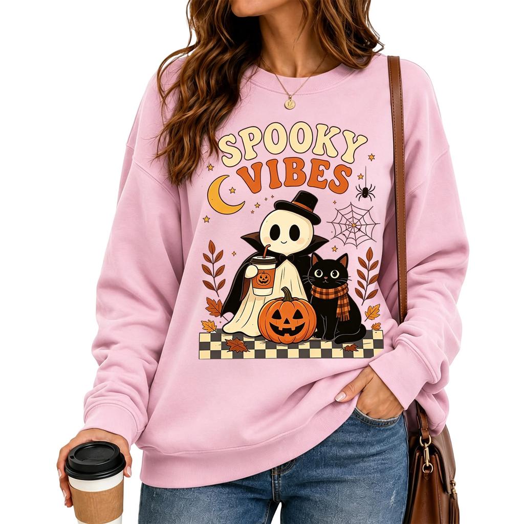 Women's fashionable casual long-sleeved Halloween printed round-neck top