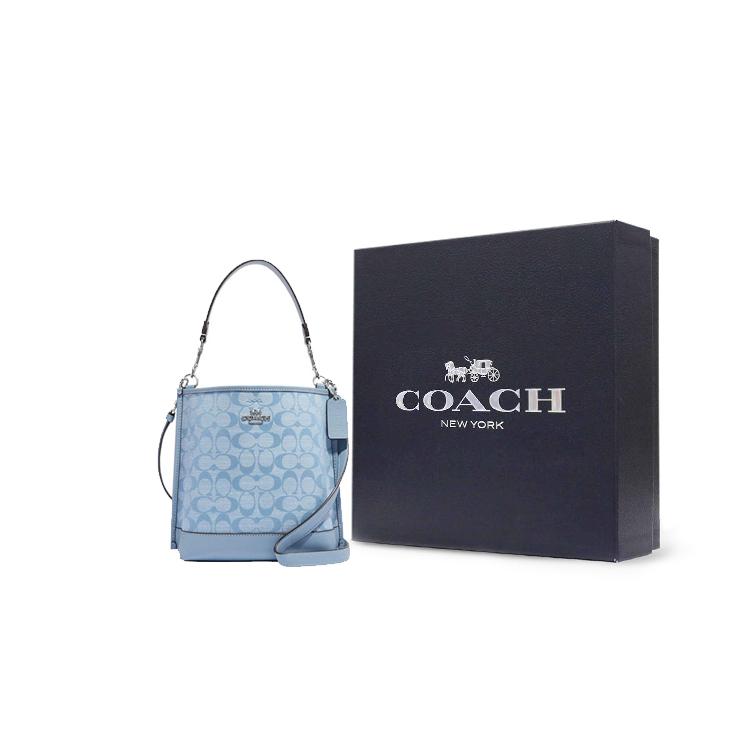 New COACH Mollie Cow Leather With Textile Bucket Bag, Handbag, Shoulder Bag, Crossbody Bag Trumpets Women's Light Blue CH230-SVM6A