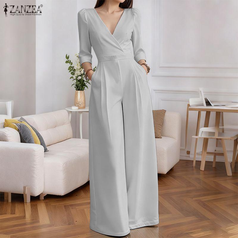 ZANZEA Damen Lässiger V-Ausschnitt 3/4 Ärmel Lockerer Langer Jumpsuit