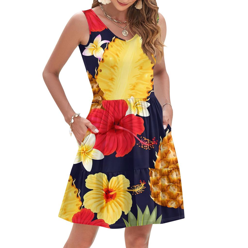 Women's Summer Fashion Casual V-Neck Pleated Stitching Hawaiian Floral Print Sleeveless Pocket Vest Dress